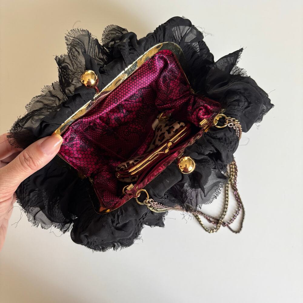 Betsey Johnson Black Ruffled Tulle Multi Chain Strap Clutch Bag Snap Closure - Picture 5 of 6